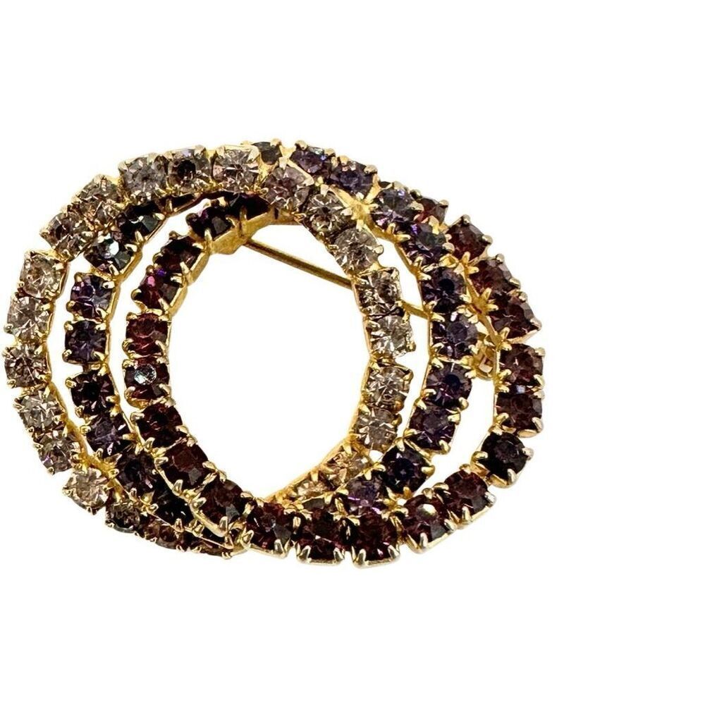 Vintage Purple & Clear Rhinestone Triple Circle Brooch